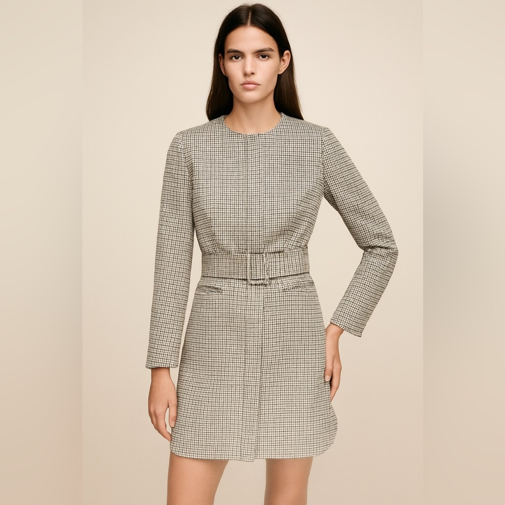 ZARA Ecru/Brown/Black Houndstooth Belted Frock